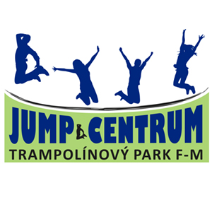 Logo Jump Centrum se siluetami skákajících postav a nápisem Trampolínový park F-M, dekorativní grafika