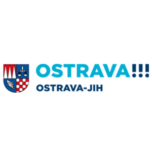 Modré logo partnerského městského obvodu se znakem ve štítu a velkým nápisem, dekorativní grafika