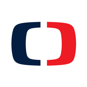 Stylizované logo partnera ve tvaru dvou obloukových prvků v tmavě modré a červené barvě, dekorativní grafika